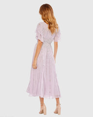 Purple High Neck Embellished Flutter Sleeve Midi Dress