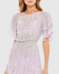 Purple High Neck Embellished Flutter Sleeve Midi Dress