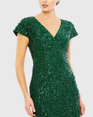Dark Green Sequined Cap Sleeve Wrap Over Cocktail Dress