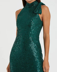 Green Soft Tie Halter Neck Sequin Gown