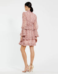 Pink Long Sleeve Mock Neck Ruffle Mini Dress