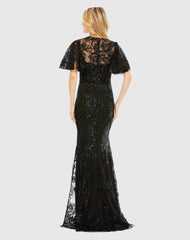Black Embellished Flutter Sleeve High Neck Gown - FINAL SALE