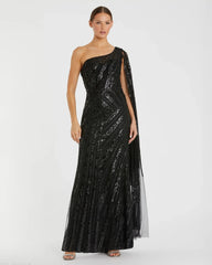 Black One Shoulder Cape Sleeve Embellished Gown