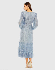 Blue A-Line V-Neck Sequin Ruffle Dress