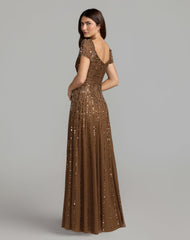 Chocolate Embellished V-Neck Cap Sleeve Gown