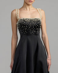 Black A-Line Pearl Embellished Satin Gown
