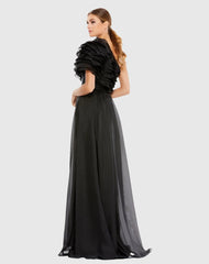 Black Ruffle Layered One Shoulder Gown