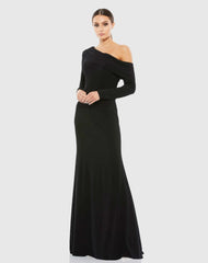 Black Drop Shoulder Long Sleeve Column Gown