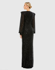Black Sequined Plunge Neck Structured Bishop Sleeve Gown