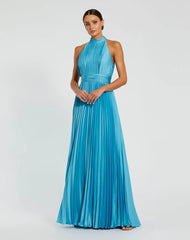 Pleated High Neck Satin Sleeveless Halter Gown