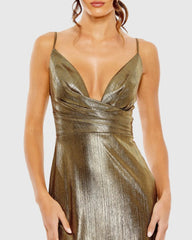 Gold Metallic V Neck Midi Dress