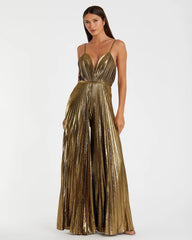 Gold Metallic Pleated V-Neck Jumpsuit