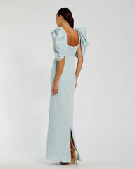 Blue Fitted Crepe Square Neck Gown With Puff Sleeves