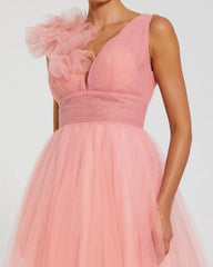 Pink Ruffle Shoulder V Neck Ombre Tulle Ball Gown