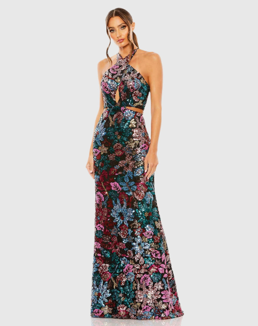 Black Sequin Embellished Cross Neck Gown
