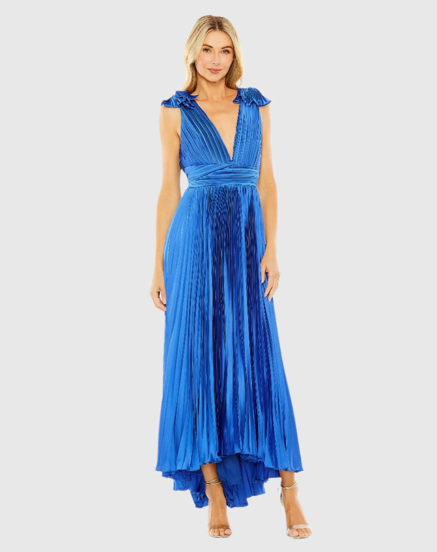 Blue Ruffle Top Sleeveless V Neck Pleated Gown
