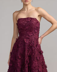 Plum Strapless Floral Embroidered Lace A-Line Dress