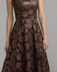 Brown Strapless Floral Leather A-Line Midi Dress