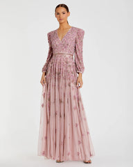 Pink Embellished V Neck Long Sleeve A Line Gown - FINAL SALE