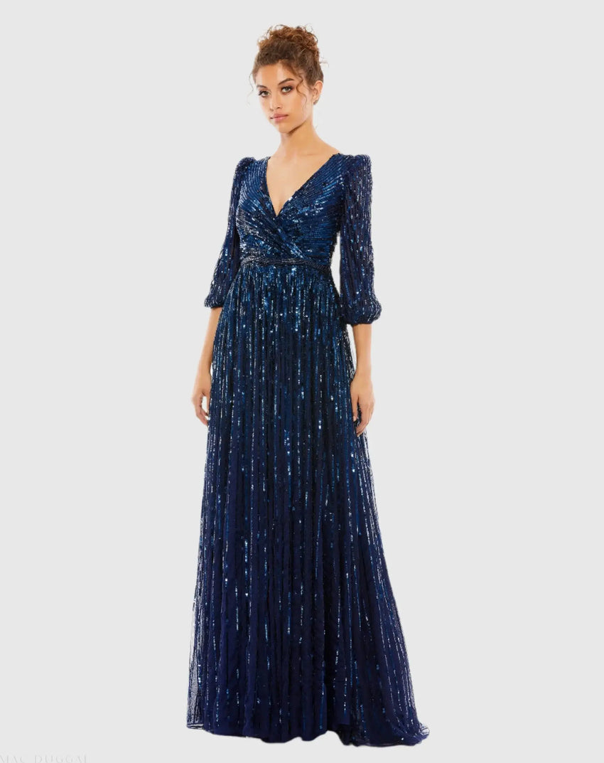 Navy Sequined Wrap Over 3/4 Sleeve Gown