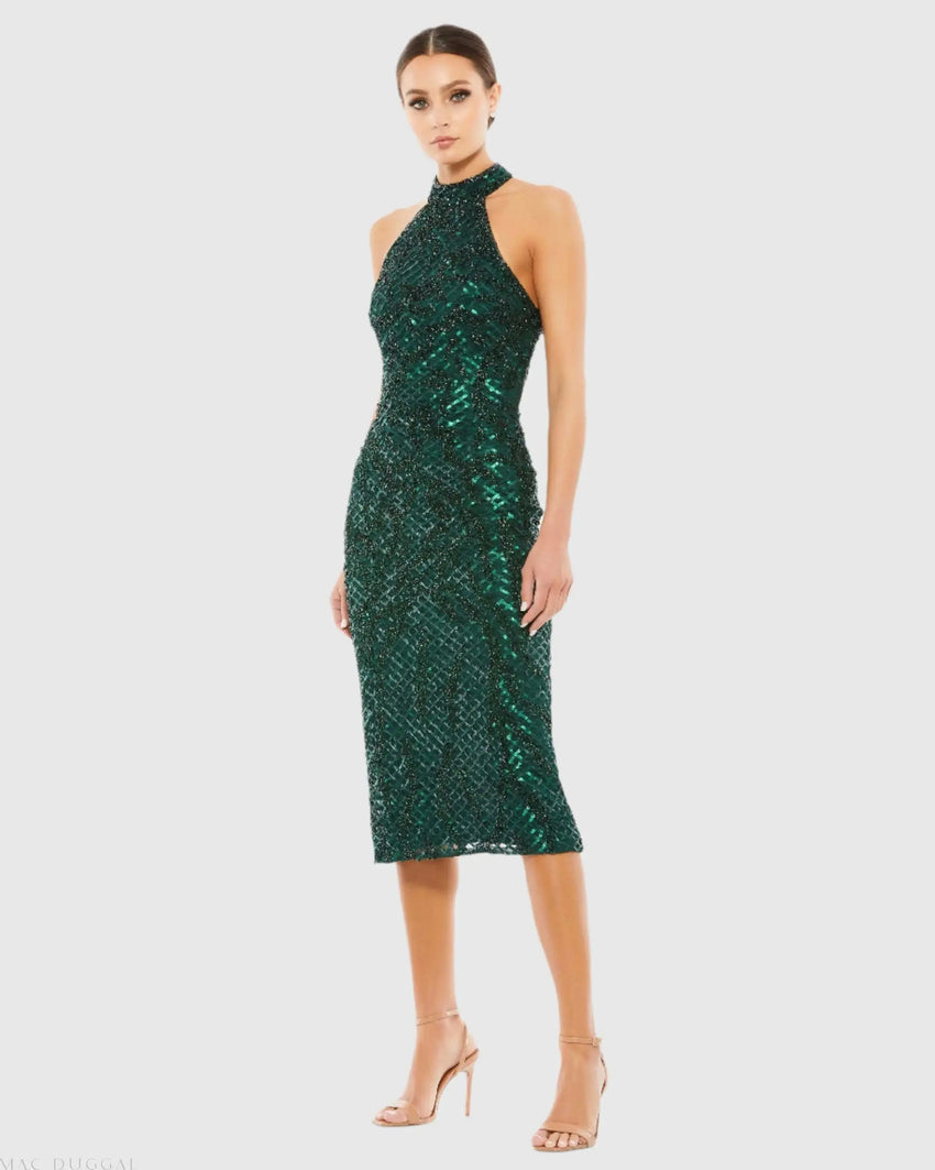 Green Embellished Halter Midi Dress