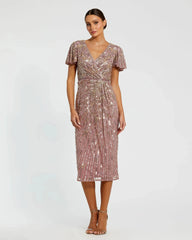 Embellished Faux Wrap Flutter Sleeve Dress