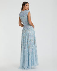 Blue Sequined High Neck Cap Sleeve A Line Gown