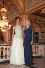Silver Beaded Embellished One Shoulder A Line Gown