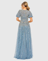 Blue High Neck Puff Sleeve Embellished A Line Gown