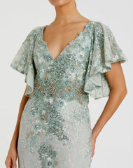 Green Bell Sleeve Floral Embellished Gown