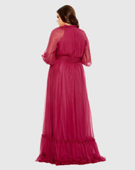 Purple High Neck Puff Sleeve Tiered A Line Gown (Plus)