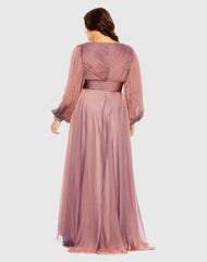 Pink Puff Sleeve w/ Embellished Cuff V Neck A Line Gown (Plus)