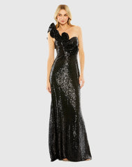 Black Sequin Ruffled One Shoulder Gown