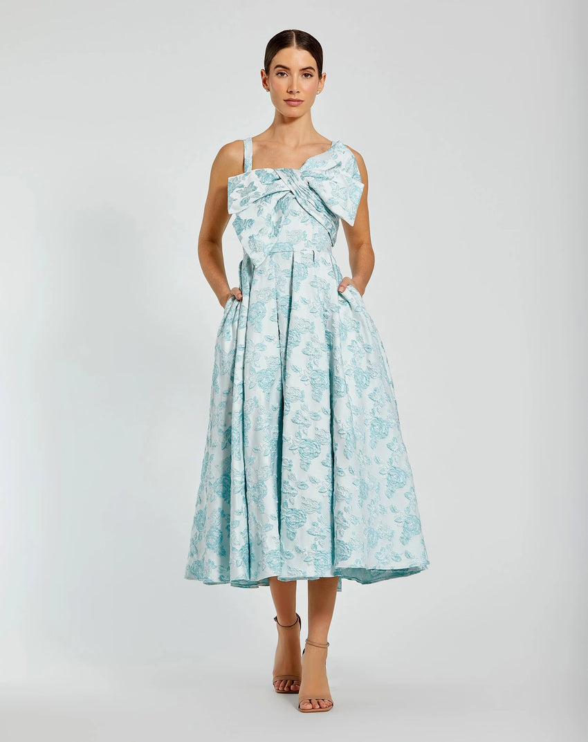 Blue Sleeveless Brocade Midi Dress With Bow