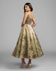 Gold Floral Brocade A-Line Midi Dress