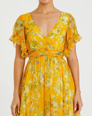 Yellow Multicolor Flounce Sleeve Floral Gown