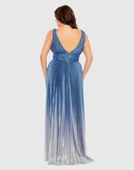Blue V-Neck Ombre Pleated Gown