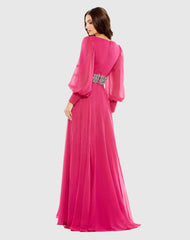 Pink Bishop Sleeve Wrap Over Belt Detail Flowy Gown