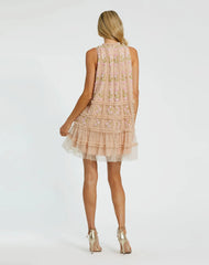 Beige Sleeveless High Neck Beaded Ruffle Mini Dress