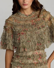 Olive Floral Ruffle Midi Dress With Cape