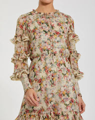 Beige Floral Tiered Ruffle Midi Dress with Long Sleeves