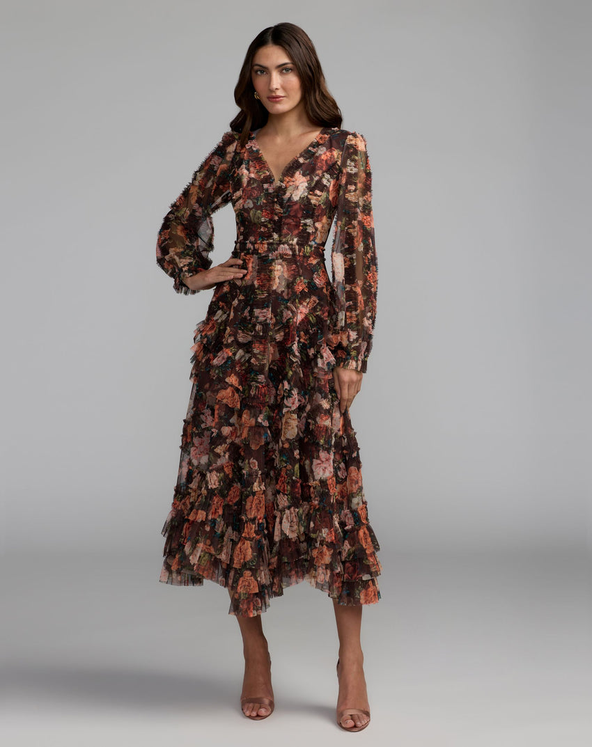 Brown Floral Long Sleeve Micro Ruffle Midi Dress