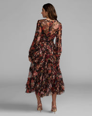 Brown Floral Long Sleeve Micro Ruffle Midi Dress