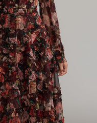 Brown Floral Long Sleeve Micro Ruffle Midi Dress