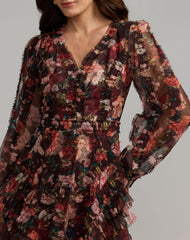 Brown Floral Long Sleeve Micro Ruffle Midi Dress