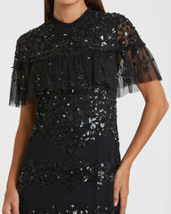 Black Sequined High Neck Ruffled Midi Dress