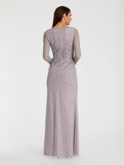 Purple Boat Neck Sequin Embellished Long Sleeve A Line Gown