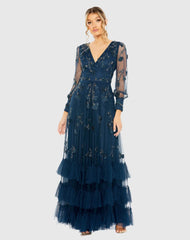 Navy Mesh Long Sleeve V-Neck Tiered A Line Gown