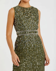 Olive Sequined High Neck Sleeveless Column Gown