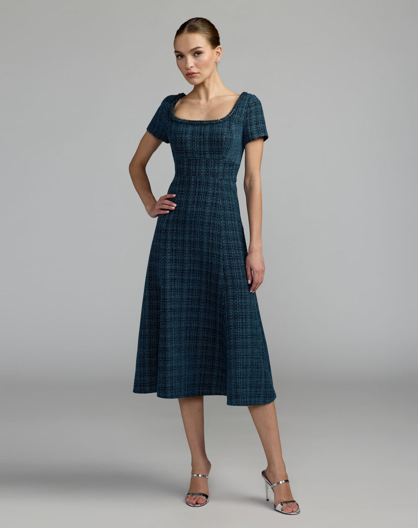 Petite Blue Short Sleeve Embellished Boucle Midi Dress